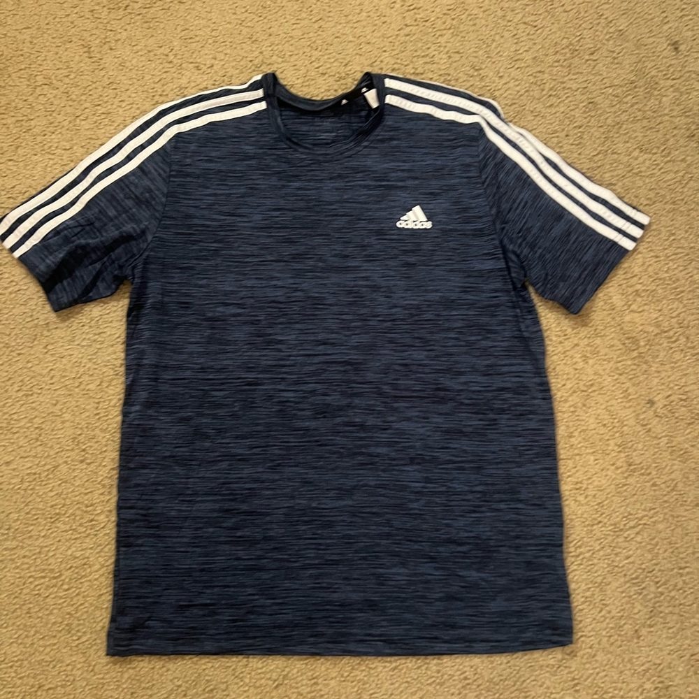 Adidas Men's Navy and White Striped Tee